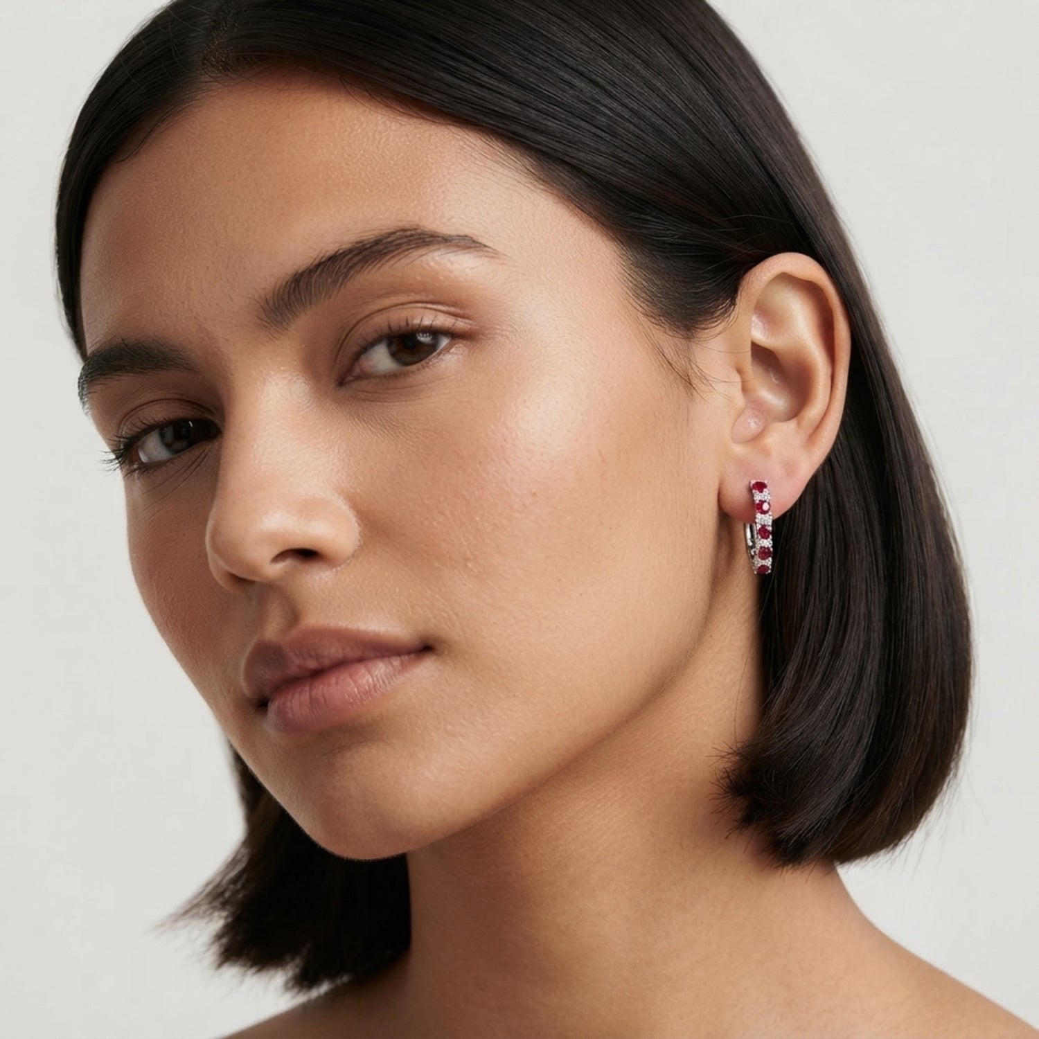 Ruby Diamond Hoop Earrings in 9K White Gold | Round Cut Prong Set