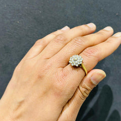 18K Yellow Gold Round Cut Natural Diamond Floral Cluster Engagement Ring