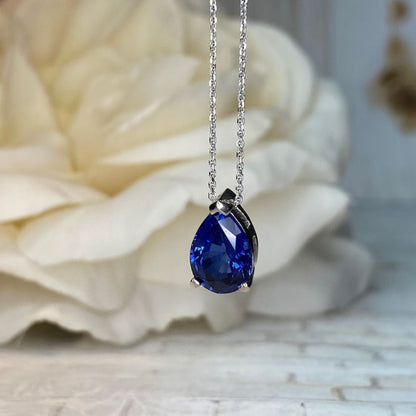 Lab Sapphire Diamond Solitaire Necklace In Silver