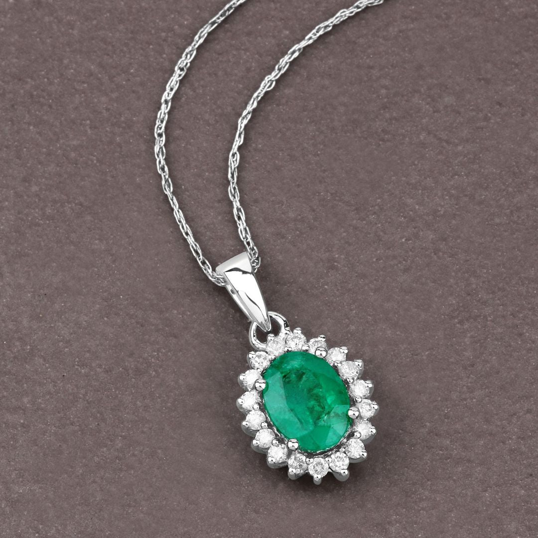 Oval Shape Emerald Pendant Lab Diamonds In Silver