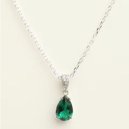 Lab Emerald And Diamond Solitaire Pear Cut Necklace In Silver