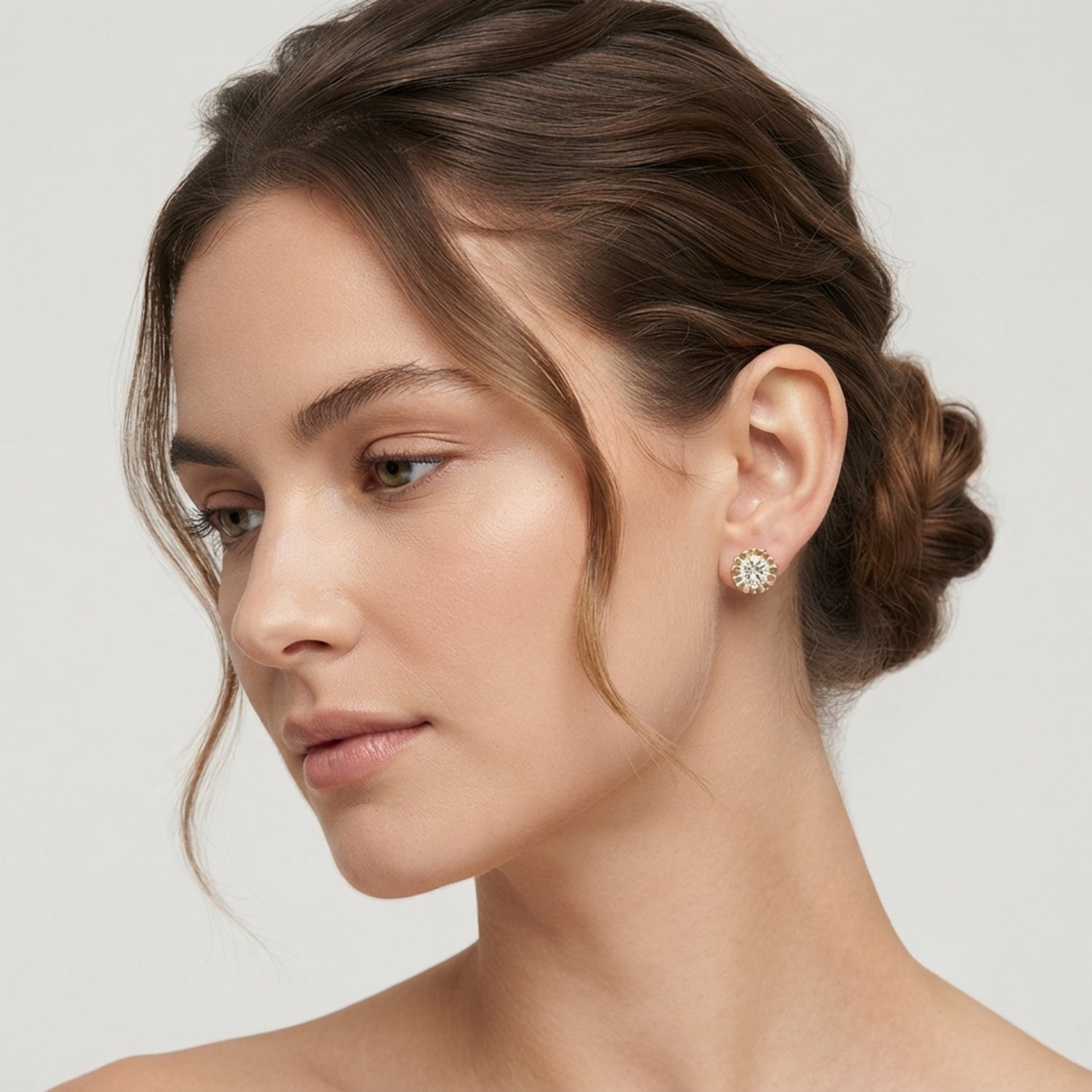 Stud Earrings with Floral Bezel Set Diamonds - Solid Gold