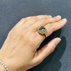 Natural Brown Quartz & Diamond Double Halo Engagement Ring in 14K Yellow Gold