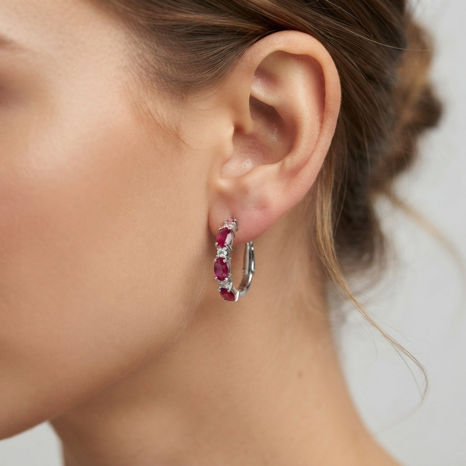Ruby Diamond Huggie Hoop Earrings in 9K White Gold - Hinged Closure