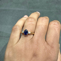 9K Yellow Gold Prong Set Three Stone Natural Sapphire Oval Diamond Ring