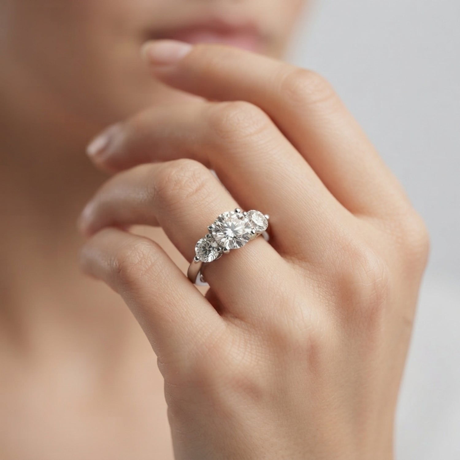 Lab Grown Round Diamond Three Stone Engagement Ring Platinum
