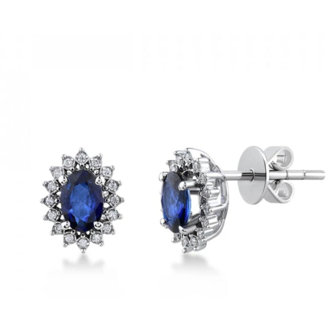 0.30Ct Blue Sapphire and Diamond Halo Cluster Studs Earrings in White Gold