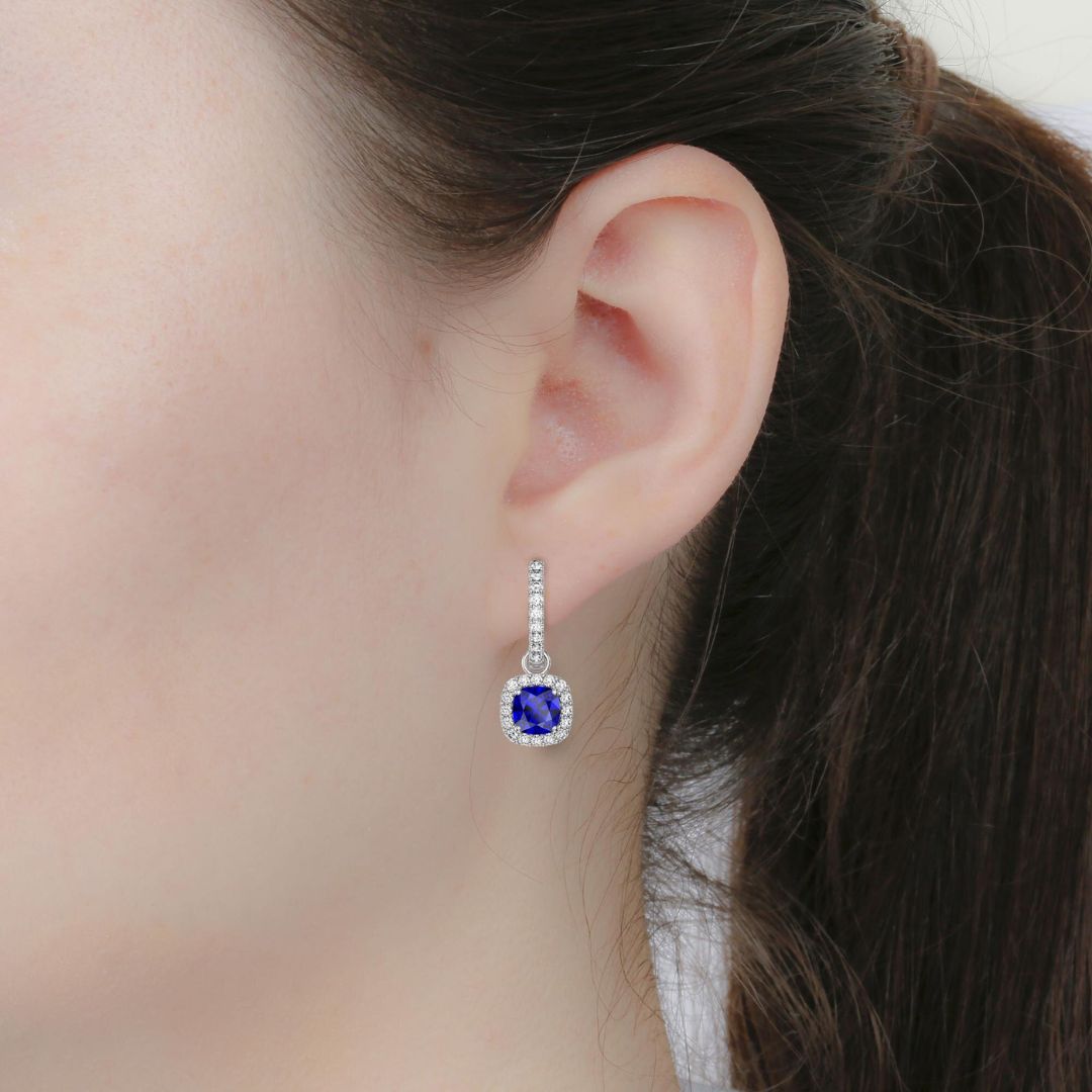 Blue Sapphire Diamond Cluster Earrings In White Gold