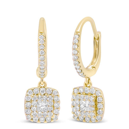 1.75ct Diamond Halo Princess Cut Drop Earrings H/Si 18K Yellow Gold