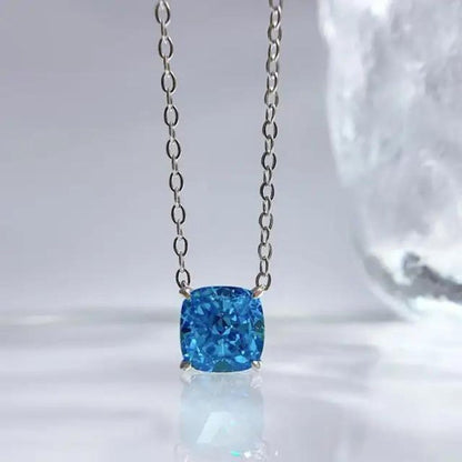 Sapphire Lab Diamond Solitaire Cushion Cut Necklace In Silver