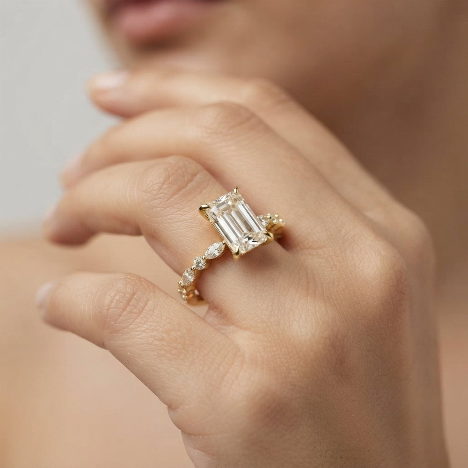 White Gold Radiant Cut Diamond Engagement Ring with Teardrop Side Stones