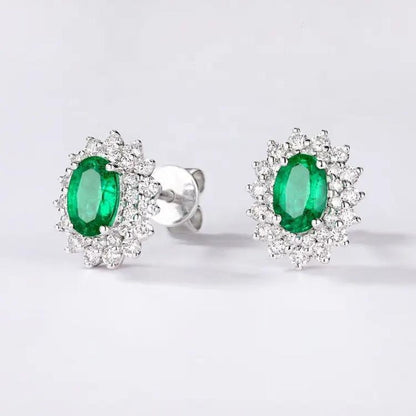 Lab Emerald Lab Diamond Cluster Earrings In 18K White Gold