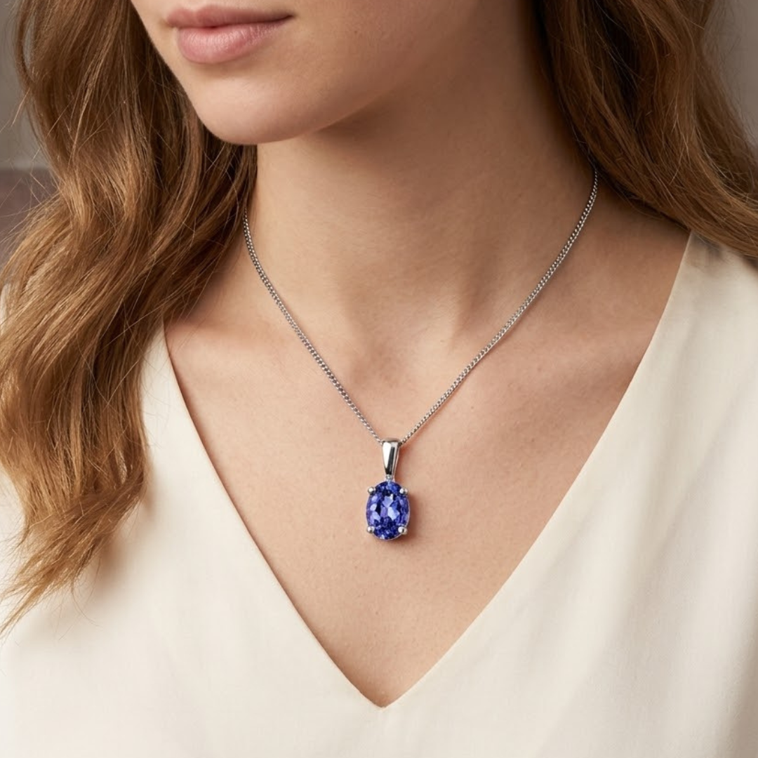 7 x 5mm Oval Tanzanite Solitaire Pendant Necklace in 925 Sterling Silver (0.85ct)