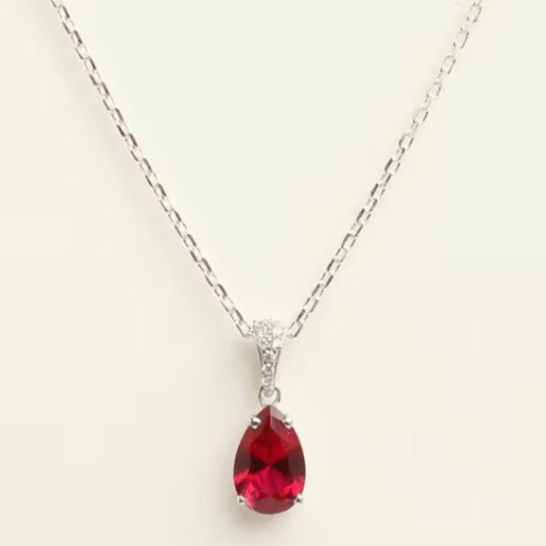 Lab Ruby Diamond Solitaire Pear Cut Necklace In Silver