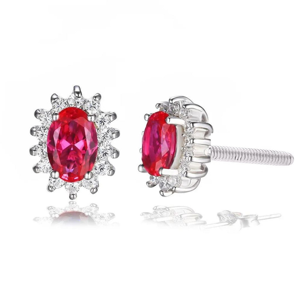 Ruby Diamond Halo Stud Earrings in White Gold | Screw Back Studs