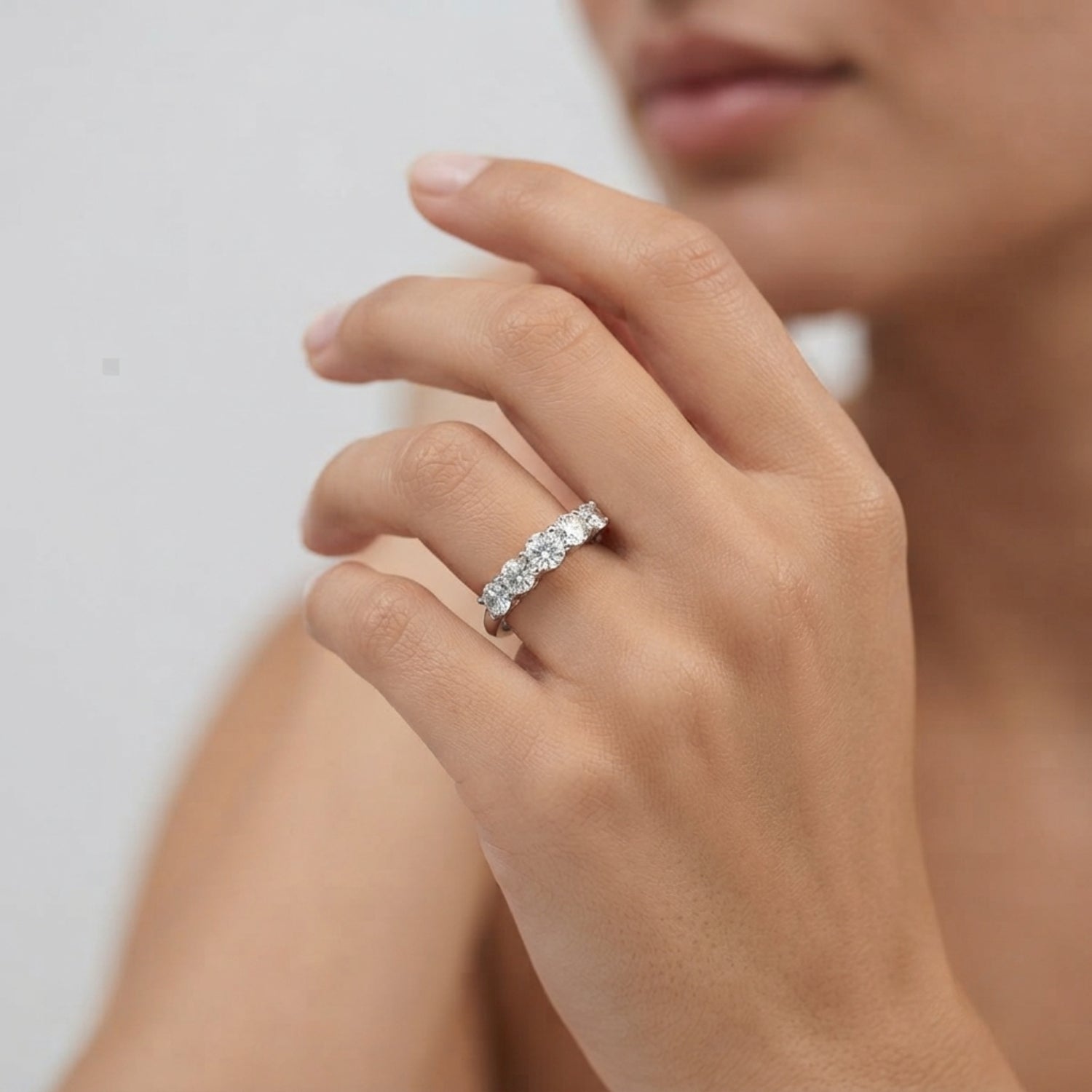 0.50ct Lab-Grown Round Diamond 5-Stone Low Basket Petite Shared Prong Setting Diamond Ring, DE Color VVS Clarity