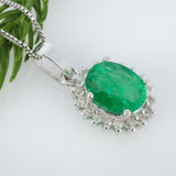 0.21Ct Lab Grown Diamond and Emerald Solitaire Oval Necklace Pendant in Silver