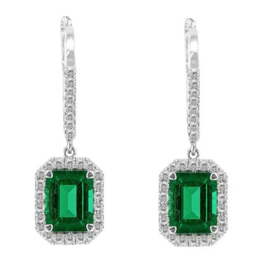 Lab Emerald Diamond Drop Earrings In Silver