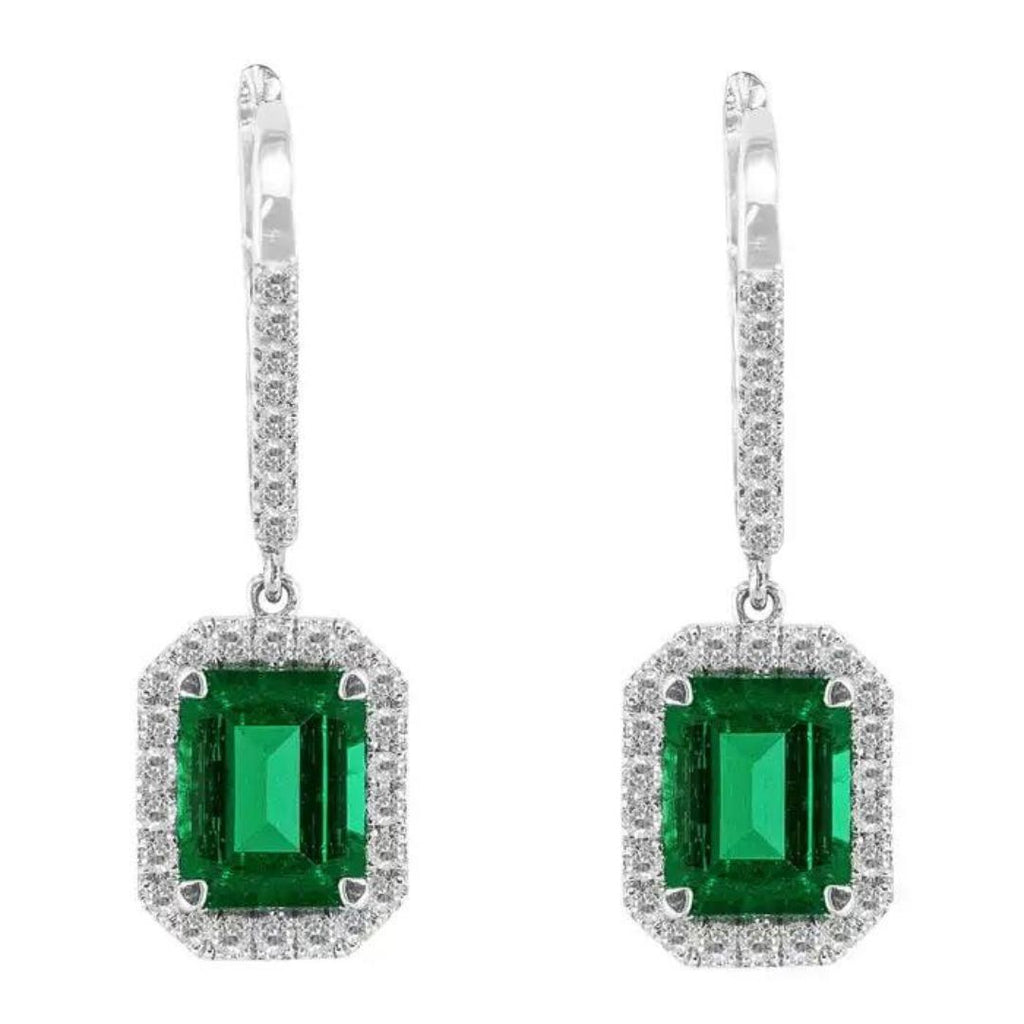 Emerald Diamond Drop Earrings Art Deco Dangle Design 9K White Gold