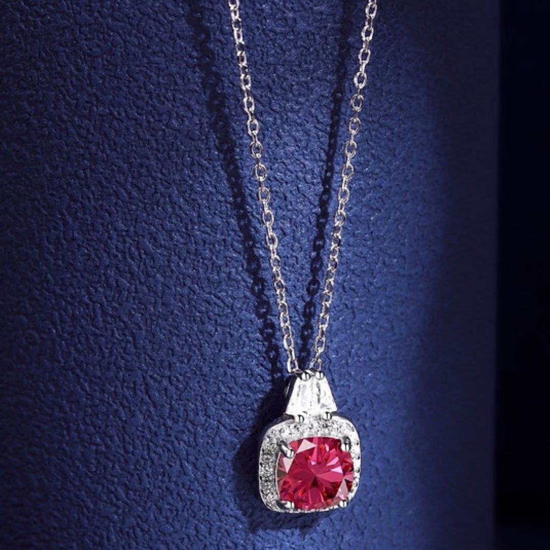 Ruby Diamond Halo Necklace In 18K White Gold