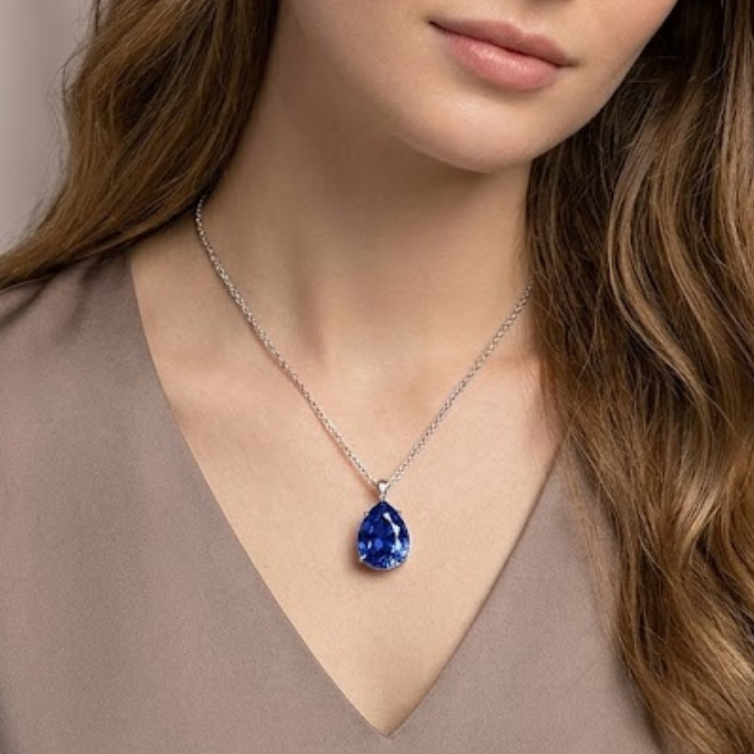 3.20ct Lab Grown Sapphire and Pear Cut Diamond Solitaire Necklace in 925 Silver