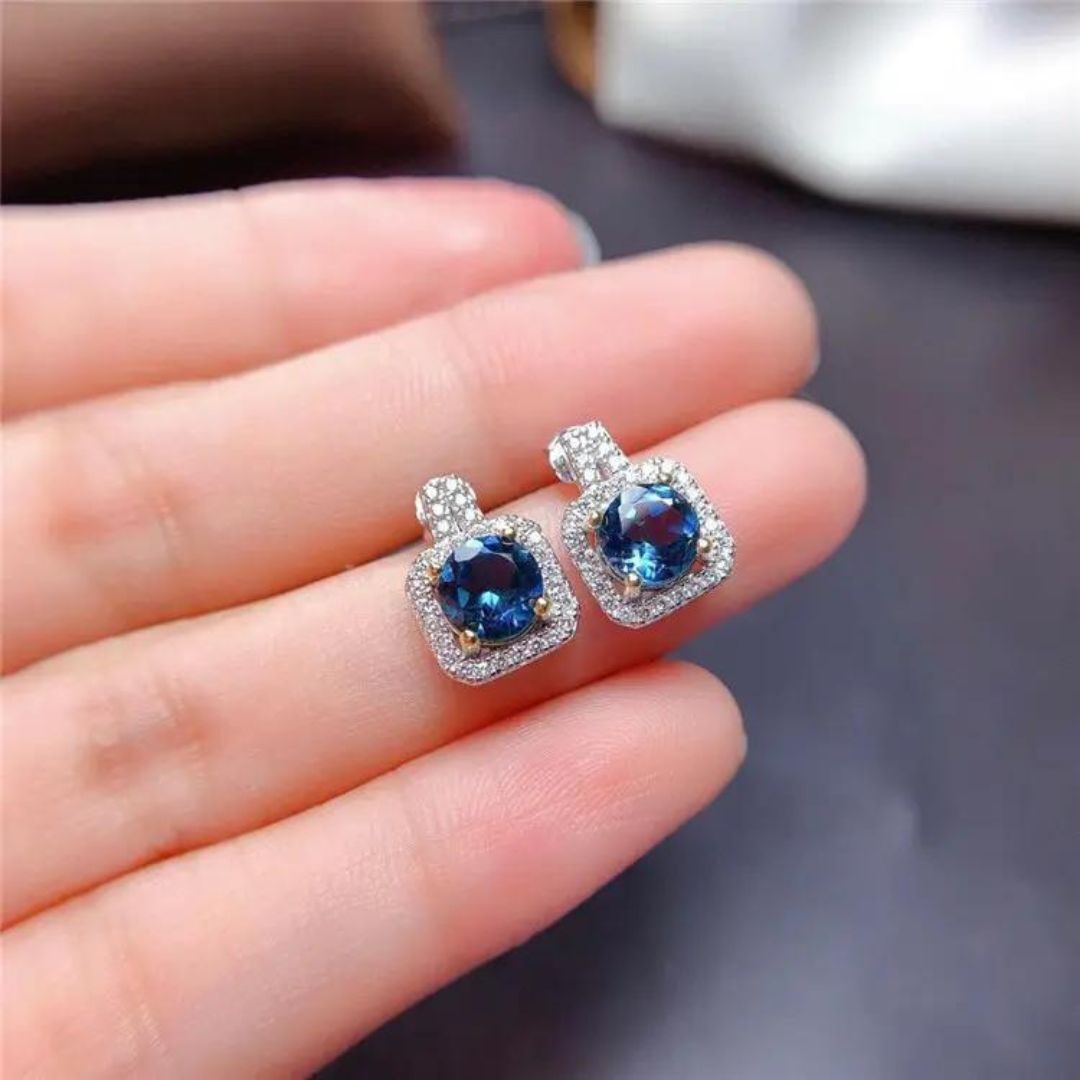 Blue Sapphire Diamond Earrings in White Gold