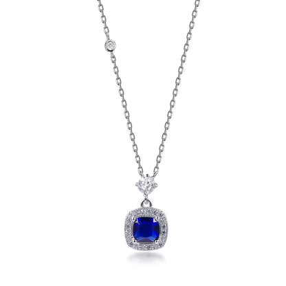 0.16ct Lab Sapphire And Diamond Halo Necklace In Silver