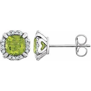 Peridot & Diamond Cushion Halo Stud Earrings in Gold and Platinum