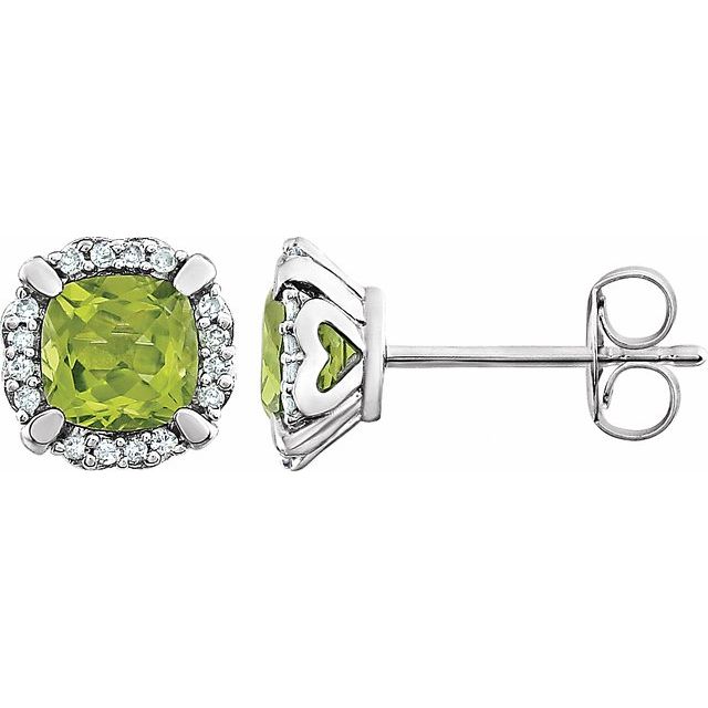 Peridot & Diamond Cushion Halo Stud Earrings in Gold and Platinum