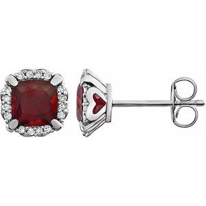 Mozambique Garnet & Diamond Cushion Halo Stud Earrings in Gold and Platinum