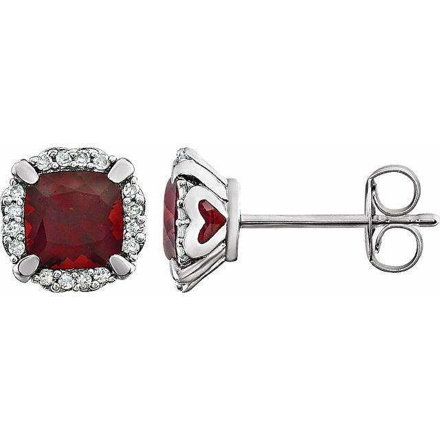 Mozambique Garnet & Diamond Cushion Halo Stud Earrings in Gold and Platinum