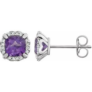 Amethyst & Diamond Cushion Halo Stud Earrings in Gold and Platinum