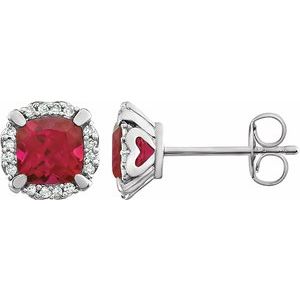 Ruby & Diamond Cushion Halo Stud Earrings in Gold and Platinum