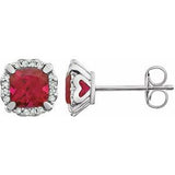 Ruby & Diamond Cushion Halo Stud Earrings in Gold and Platinum