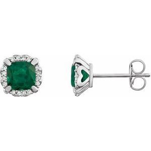 Emerald & Diamond Cushion Halo Stud Earrings in Gold and Platinum