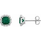 Emerald & Diamond Cushion Halo Stud Earrings in Gold and Platinum