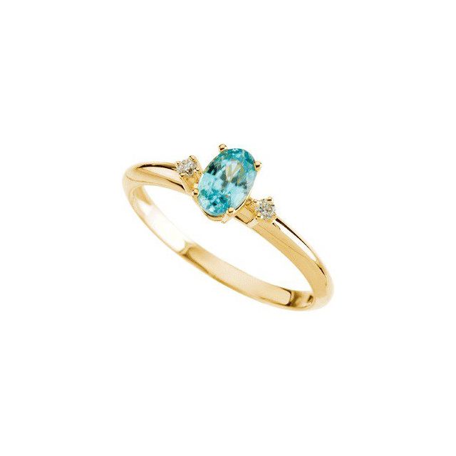 Oval Blue Zircon & Diamond Three Stone Ring in Yellow Gold