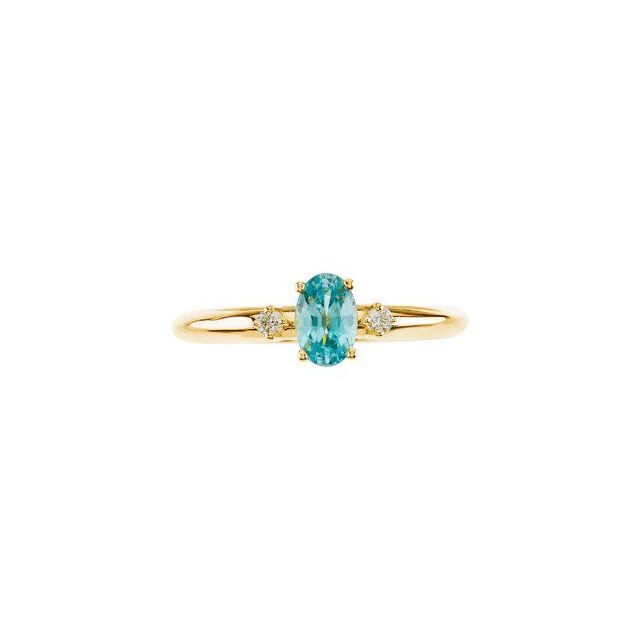 Oval Blue Zircon & Diamond Three Stone Ring in Yellow Gold