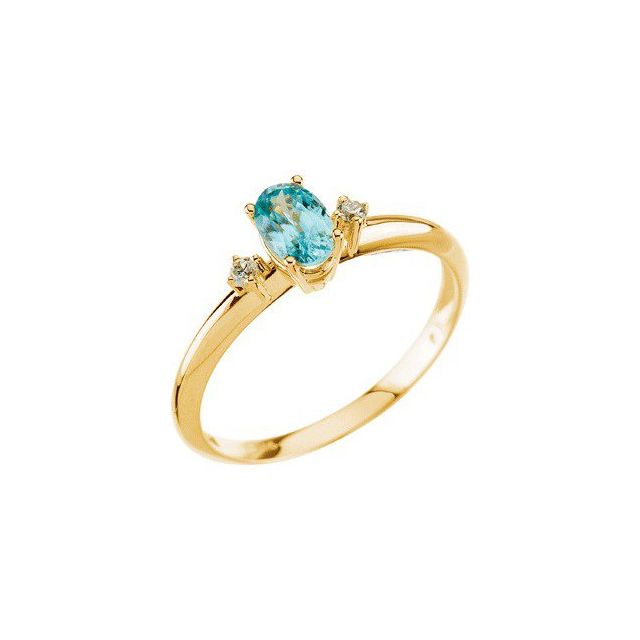 Oval Blue Zircon & Diamond Three Stone Ring in Yellow Gold