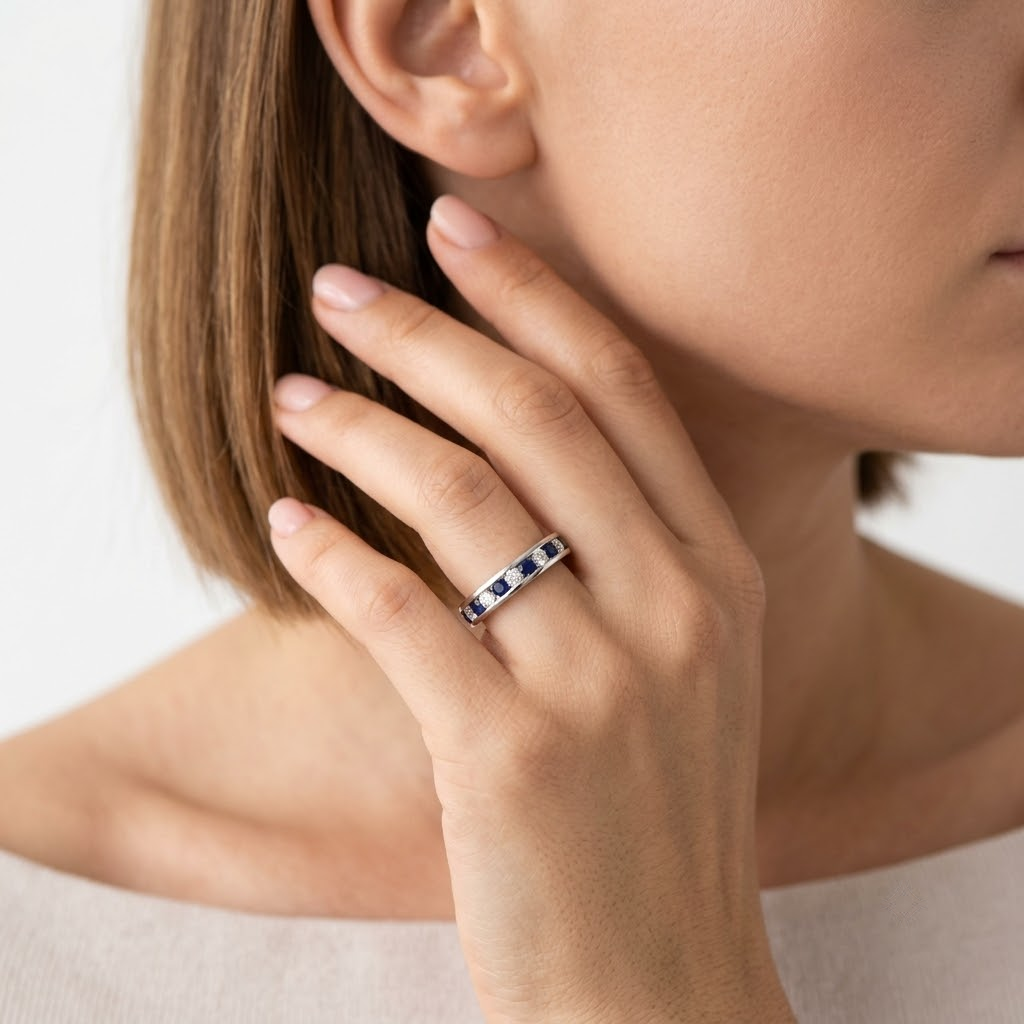 Blue Sapphire & Diamond Full Eternity Wedding Ring | UK Hallmarked