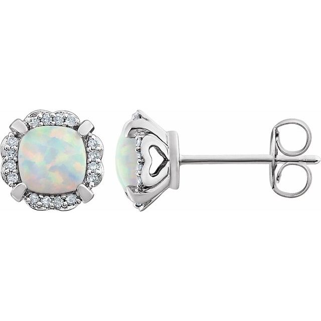 White Opal & Diamond Cushion Halo Stud Earrings in Gold and Platinum