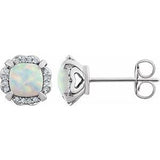 White Opal & Diamond Cushion Halo Stud Earrings in Gold and Platinum