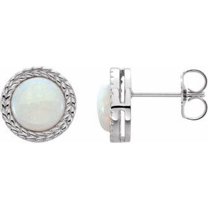 White Opal Round Bezel-Set Stud Earrings in Gold and Platinum