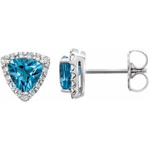 Swiss Blue Topaz & Diamond Trillion Halo Stud Earrings in Gold and Platinum