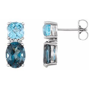 London Blue Topaz & Diamond Oval Stud Earrings in Gold and Platinum
