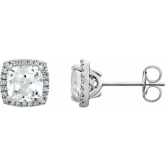 White Sapphire & Diamond Cushion Halo Stud Earrings in Gold and Platinum