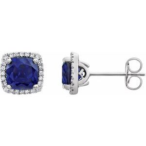 Blue Sapphire & Diamond Cushion Halo Stud Earrings in Gold and Platinum