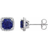 Blue Sapphire & Diamond Cushion Halo Stud Earrings in Gold and Platinum