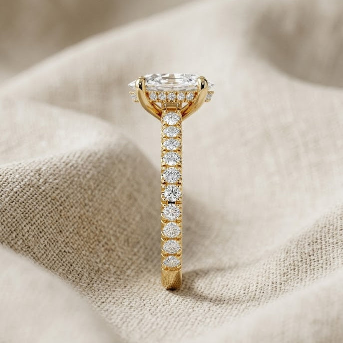 Oval 2.00ct Hidden Halo Lab Diamond Engagement Ring With Side Stones in 18K Gold