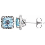 Sky Blue Topaz & Diamond Cushion Halo Stud Earrings in Gold and Platinum